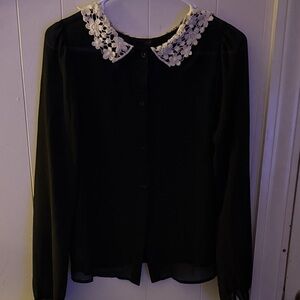 Black Blouse with White Floral Crocheted Collar